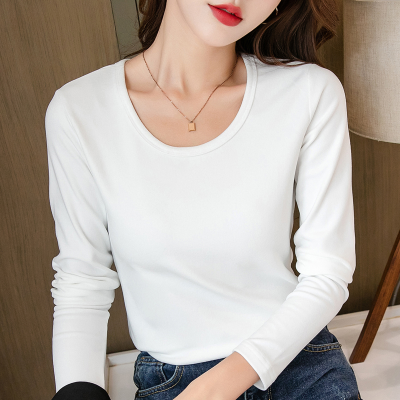 德绒打底衫女2023新款秋冬白色内搭长袖t恤圆领紧身韩版短款上衣