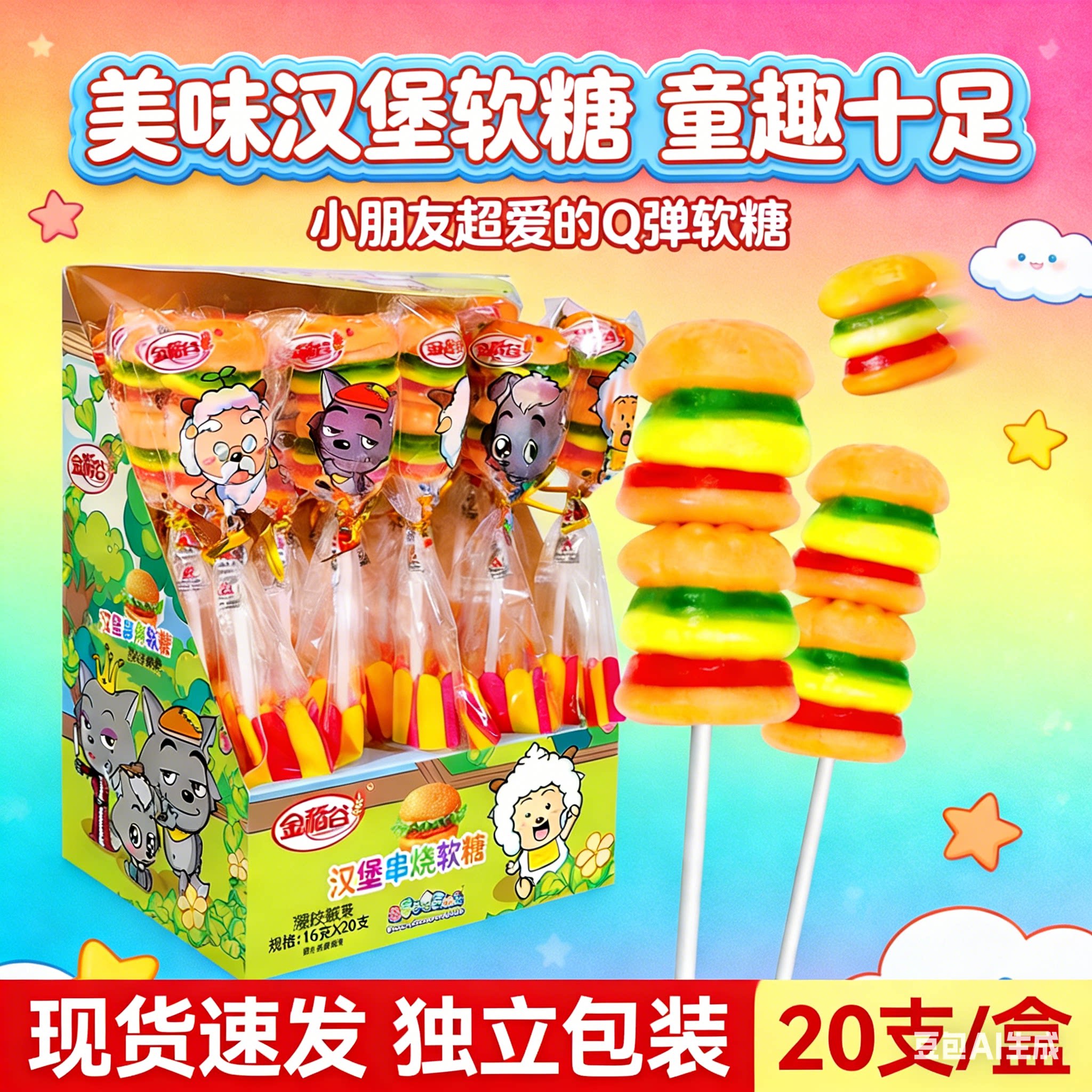 金稻谷汉堡软糖彩虹色Q弹软糖网红儿童零食橡皮糖qq糖棒棒糖串串
