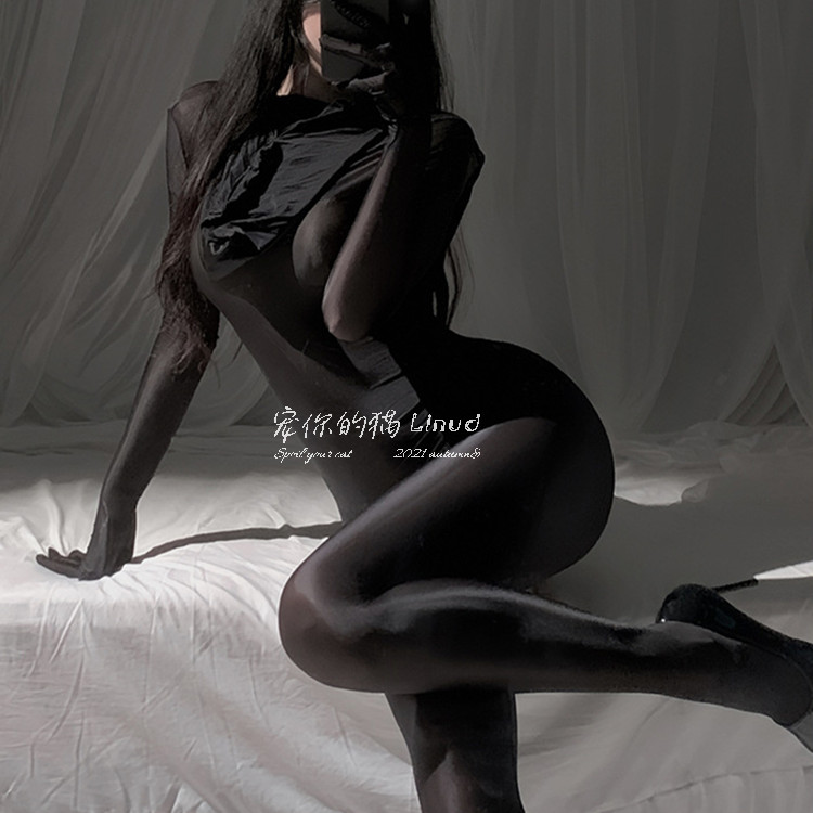 宠你的猫：卧室秘密性感柔滑丝滑油亮连体衣透明全包头紧身连身袜