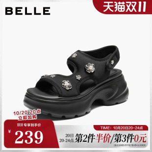 百丽水钻饰扣休闲凉鞋女2026夏新商场同款厚底增高凉鞋F4A2DBL6