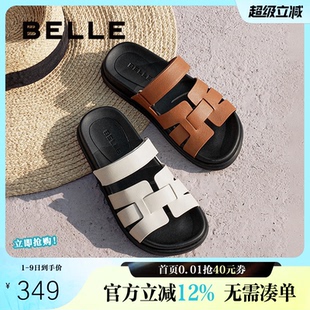 真皮休闲平底可外穿拖鞋 3V632BT5 子度假编织一字拖新款 百丽女鞋