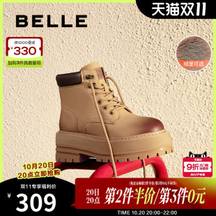 厚底马丁靴大黄靴加绒短靴女B2141DD4 新款 百丽女靴子工装 靴冬季