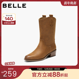 粗高跟中筒靴美拉德休闲西部靴B2929DZ5 新款 百丽显瘦时装 靴子冬季