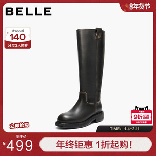 百丽女鞋复古真皮高长靴骑士靴女冬季新款厚底显瘦长筒靴F2U1DDG5