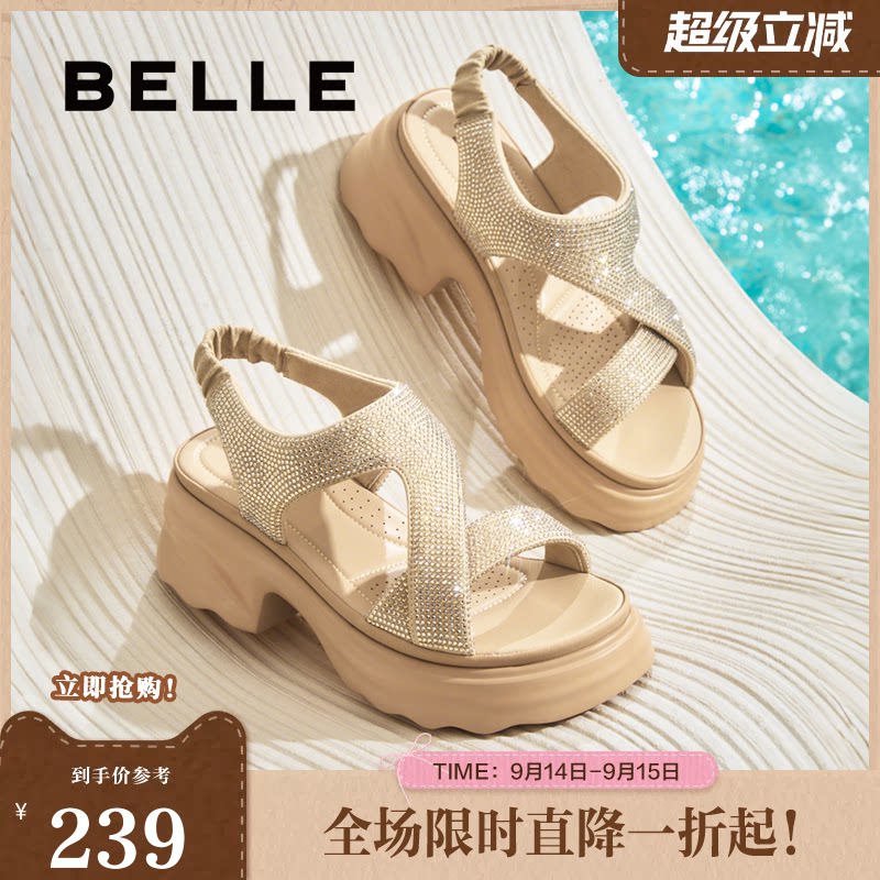 百丽满天星女鞋厚底高跟法式运动凉鞋夏季辛苦外穿拖鞋B2666BL5图片