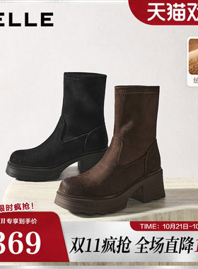百丽女鞋子复古弹力靴女冬季新款加绒高跟显瘦瘦短靴子E5G2DDZ5