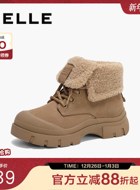 百丽女靴子复古马丁短靴冬季新款毛毛加绒棉鞋雪地靴D3M1DDM4