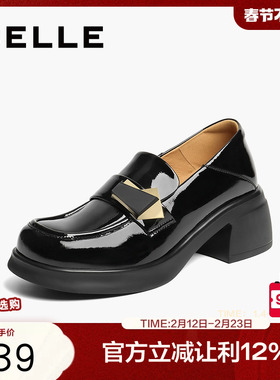 百丽女鞋粗高跟乐福鞋女春新款一脚蹬黑色小皮鞋单鞋子D7E1DAA5