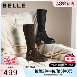 百丽女鞋复古高长弹力骑士靴女冬季新款粗跟显瘦长筒靴子E5H1DDG5