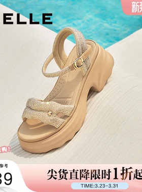 百丽女鞋厚底增高一字带凉鞋夏季新款妈妈法式休闲凉鞋D7Z2DBL5预