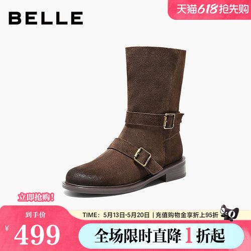 百丽复古反绒面中筒靴显瘦时装靴女鞋美拉德粗跟西部靴3QF65DG5