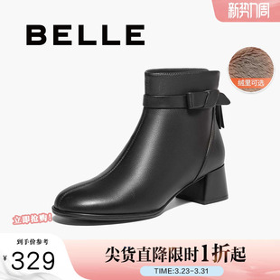 百丽女靴子新款 靴B9A1DDD4 超软羊皮粗高跟短靴加绒保暖黑色时装