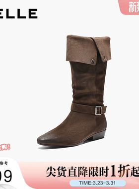 百丽女鞋复古西部牛仔靴时装靴秋冬堆堆靴宽筒围长筒靴子BFB71DG5