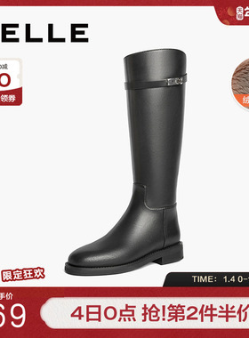 百丽厚底骑士靴女靴子冬新弹力靴加绒黑色高长筒靴棉鞋B2160DG4