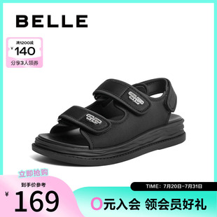 子扣饰沙滩凉鞋 新款 百丽女鞋 女夏季 B1286BL3 女鞋 魔术贴休闲凉鞋