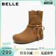 百丽女靴子复古绒面西部牛仔靴民族风内增高休闲中筒靴B2937DZ5