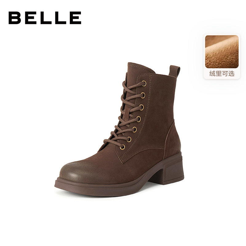 百丽英伦风羊皮马丁靴子女冬季加绒新款粗跟增高短靴子3NW45DD5