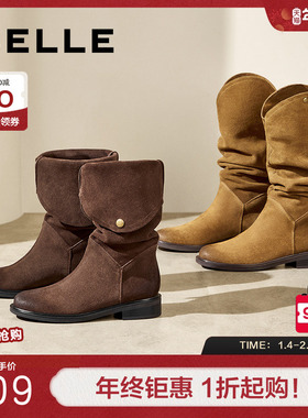 百丽西部牛仔靴女靴子新款冬季真皮长筒堆堆靴显瘦高长靴3QFB1DG4