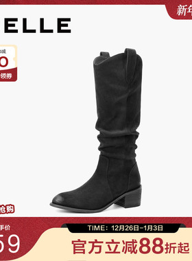 百丽西部牛仔靴女靴子新款长筒靴冬季堆堆靴高长靴B2233DG4