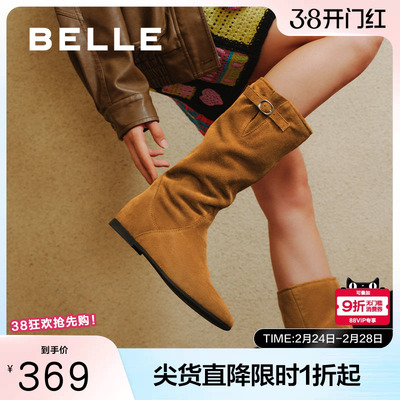 百丽女靴子复古西部靴堆堆靴加绒保暖冬季新款内增高筒靴E5Y1DDG5