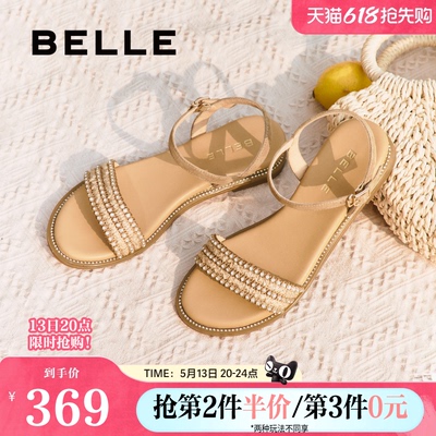 百丽女鞋子一字带凉鞋女夏季新款法式绝美海边平底单鞋3CQ36BL5
