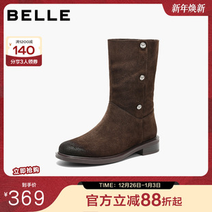 百丽荒野来信加绒西部牛仔靴女2025冬季 长筒雪地靴子3QF66DS5 新款