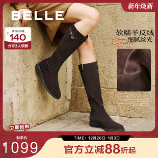 田曦薇章若楠同款 百丽双子星骑士高长筒靴冬加绒显瘦靴子E4F1DDG5