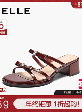 百丽复古气质蝴蝶结一字拖鞋女夏季新款粗高跟优雅拖鞋B2650BT5