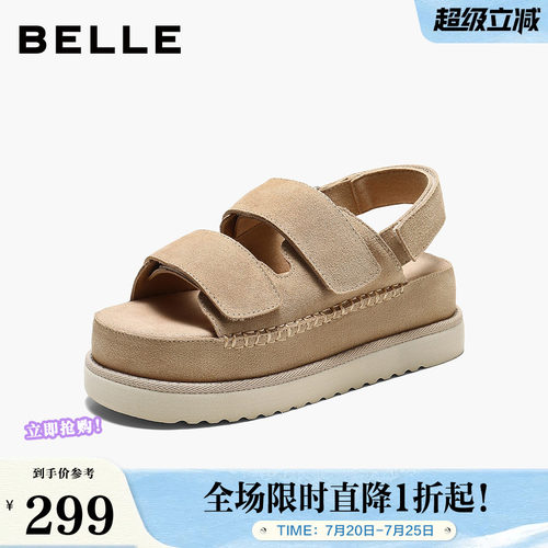百丽复古便捷魔术贴休闲凉鞋女2026夏新厚底增高凉鞋B3208BL6
