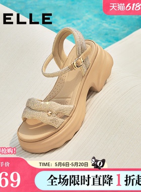 百丽女鞋厚底增高一字带凉鞋夏季新款妈妈法式休闲凉鞋D7Z2DBL5
