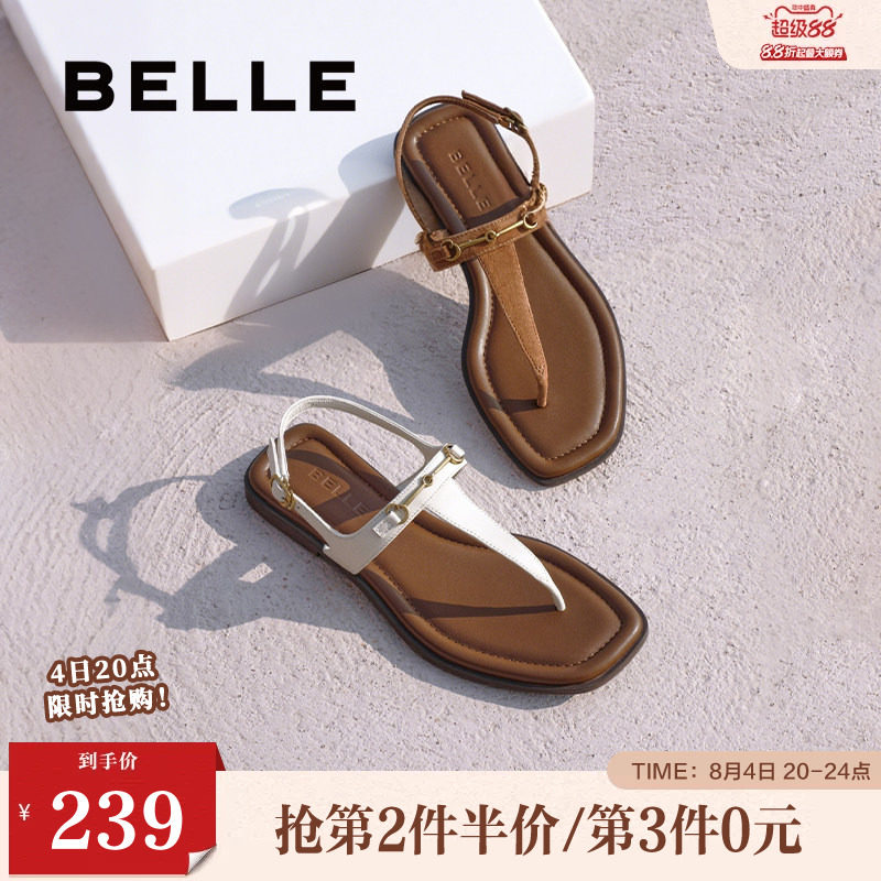 百丽女鞋夹脚趾人字平底凉拖女夏季新款可外穿罗马凉鞋子3UE39BL5