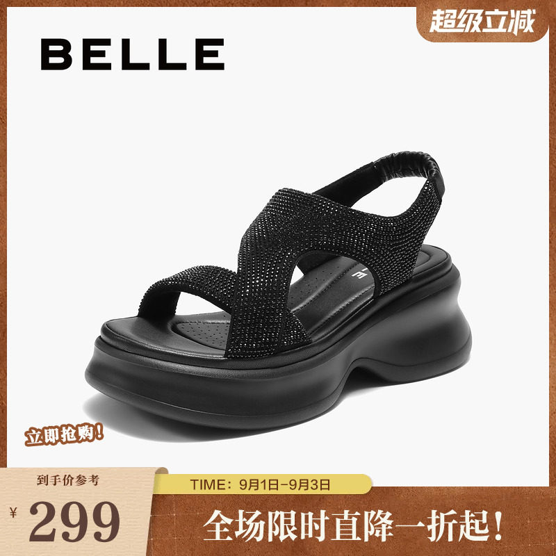 百丽女鞋厚底水钻法式休闲运动凉鞋女夏季新款增高鞋子E2W1DBL5图片