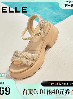 百丽女鞋厚底增高一字带凉鞋夏季新款妈妈法式休闲凉鞋D7Z2DBL5