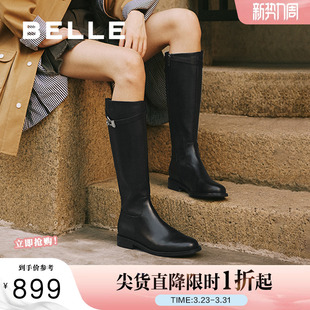 百丽质感高长骑士靴女冬季 新羊皮绒面显瘦瘦低跟长筒靴子3QFB8DG5