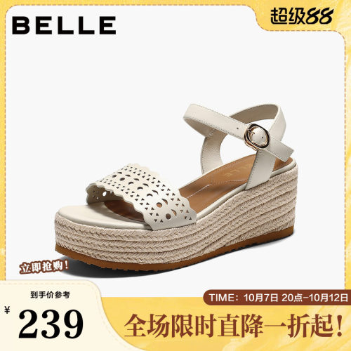 百丽度假风编织休闲凉鞋女2026夏新坡跟增高雕花镂空凉鞋B3136BL6
