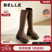 百丽女靴子冬季 新款 厚底弹力瘦瘦靴粗高跟加绒长筒靴3MC70DG4