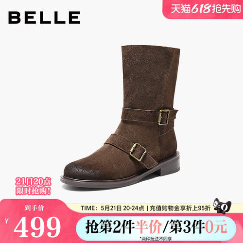 百丽复古反绒面中筒靴显瘦时装靴女鞋美拉德粗跟西部靴3QF65DG5