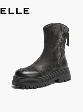 百丽女鞋子冬季新款黑色时装短筒靴厚底瘦瘦弹力靴B2218DZ4