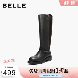 厚底显瘦长筒靴F2U1DDG5 新款 百丽女鞋 复古真皮高长靴骑士靴女冬季