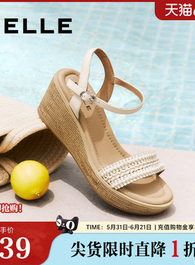 百丽女鞋度假风一字带凉鞋夏季新款妈妈坡跟松糕凉鞋子D8T1DBL5