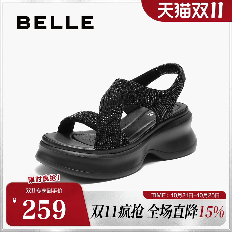 百丽女鞋厚底水钻法式休闲运动凉鞋女夏季新款增高鞋子E2W1DBL5