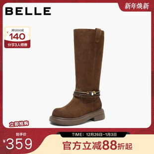 百丽复古高长靴西部骑士靴加绒厚底增高筒美拉德瘦瘦靴E8J2DDG5