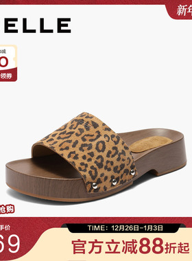 百丽豹纹厚底一字凉拖鞋子女2025新款夏季增高可外穿D8W1DBT5