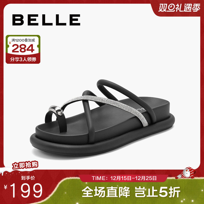 百丽夹趾平底拖鞋女鞋子