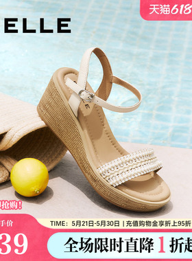 百丽女鞋度假风一字带凉鞋夏季新款妈妈坡跟松糕凉鞋子D8T1DBL5