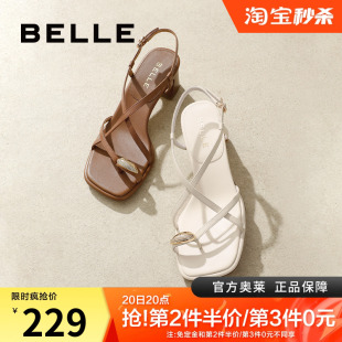 夏季 新款 鞋 百丽女鞋 缠绕带凉鞋 女款 子粗跟法式 3CP30BL4 一字带凉鞋