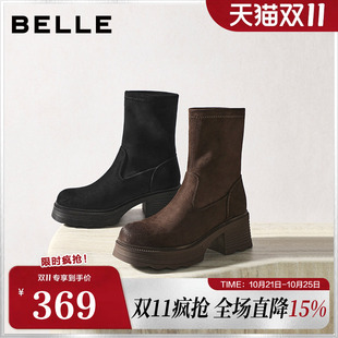 百丽女鞋子复古弹力靴女冬季新款加绒高跟显瘦瘦短靴子E5G2DDZ5