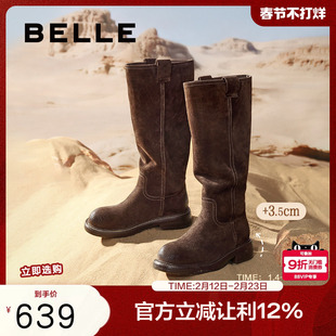 周雨彤同款百丽女靴周游世界复古美拉德西部靴加绒雪地靴E6G1DDG5