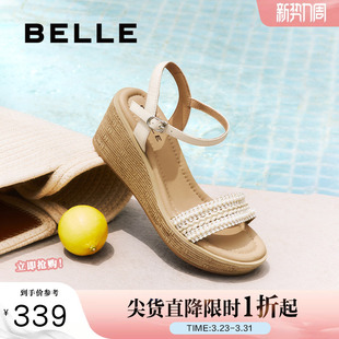 妈妈坡跟松糕凉鞋 百丽女鞋 新款 夏季 子D8T1DBL5 度假风一字带凉鞋