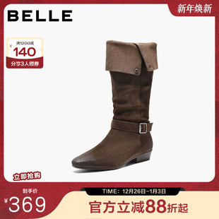 百丽复古西部牛仔靴时装 靴25秋冬堆堆靴宽筒围长筒靴子BFB71DG5